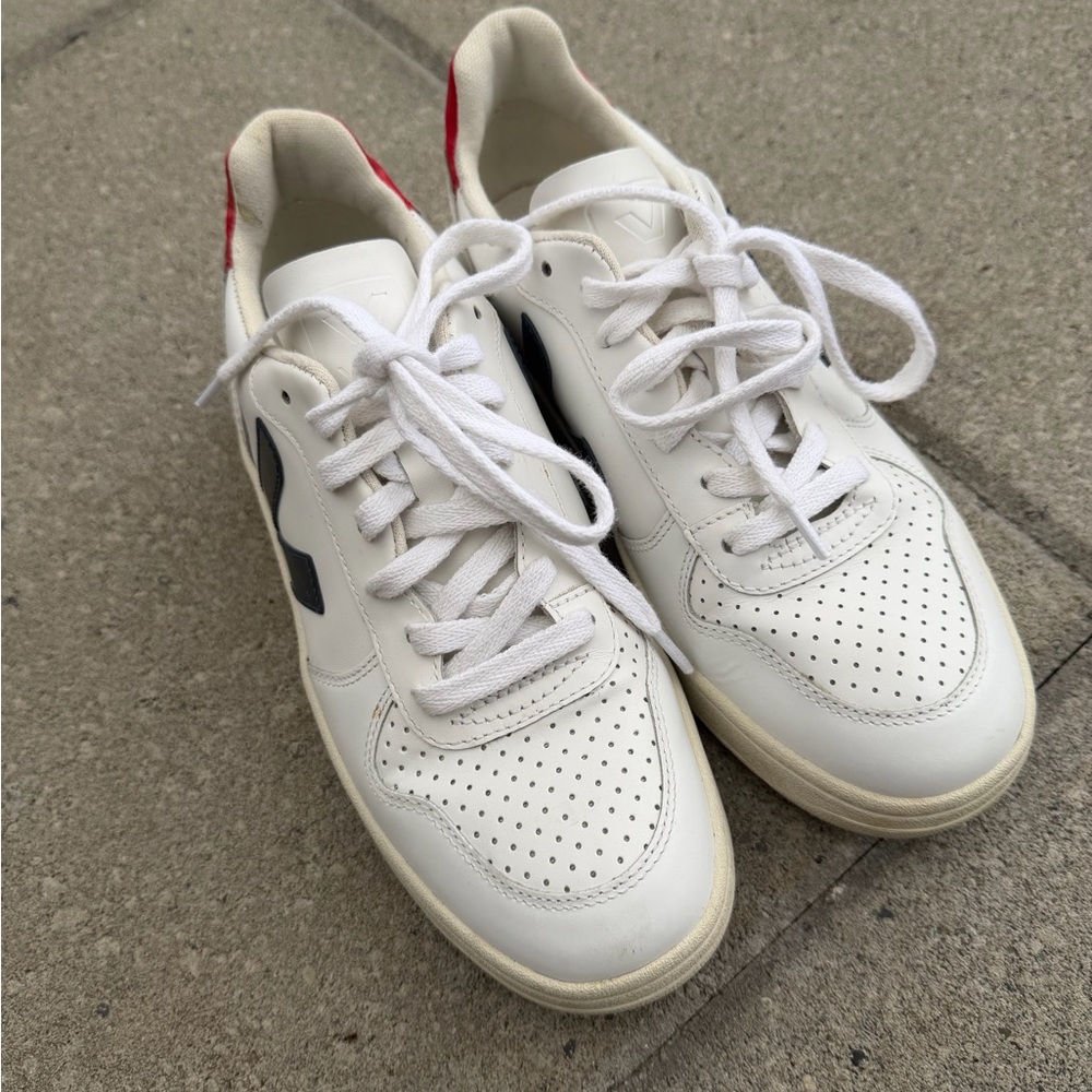 Veja White Leather Sneakers with Navy V and Red Heel Tab - Picture 2 of 10